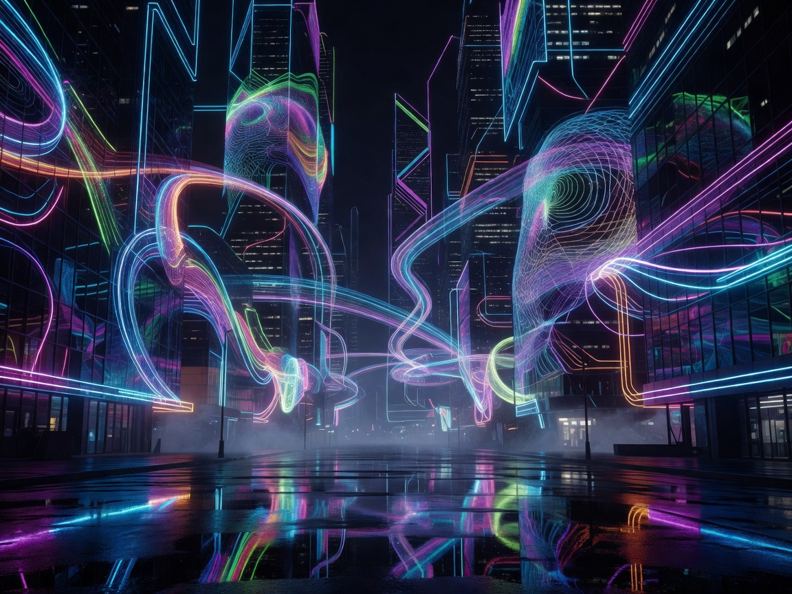 Glowing neon paper console patterns layered in deep space format