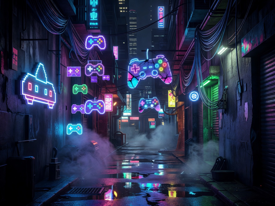 Cardboard layered mockup of a cyberpunk neon alley with retro gaming features