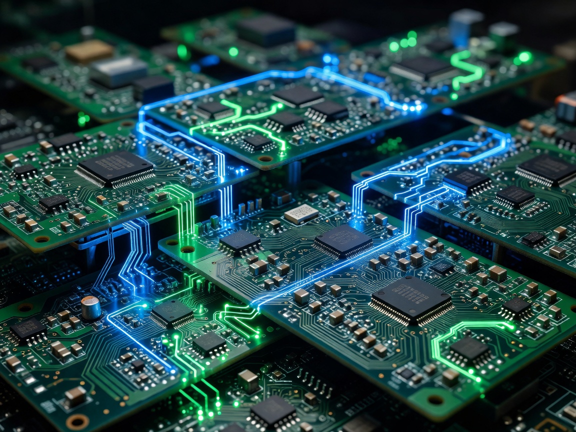 Layers of dark cardboards resembling glowing tech boards
